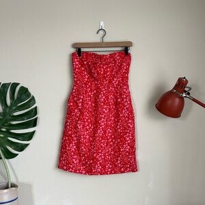 J. Crew Linen Strapless Red and Pink Dress